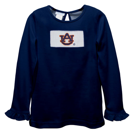 Auburn University Tigers  Smocked Navy Knit Ruffle Long Sleeve Girls Tshirt