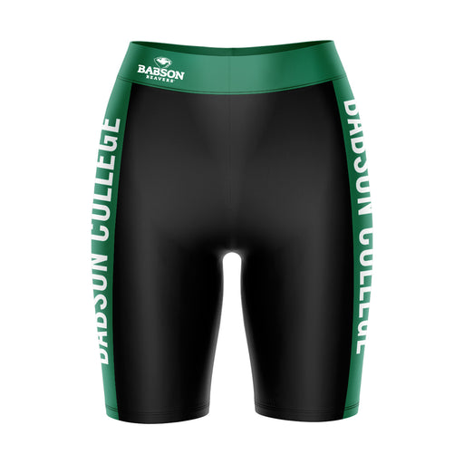 Babson College Beavers Vive La Fete Game Day Logo on Waistband and Green Stripes Black Women Bike Short 9 Inseam"