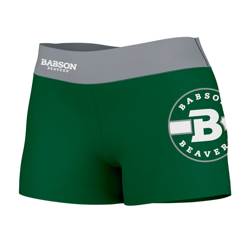 Babson College Beavers Vive La Fete Logo on Thigh & Waistband Green Gray Women Yoga Booty Workout Shorts 3.75 Inseam"