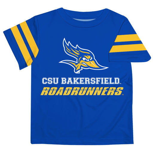 CSU Bakersfield Roadrunners Vive La Fete Boys Game Day Blue Short Sleeve Tee with Stripes on Sleeves