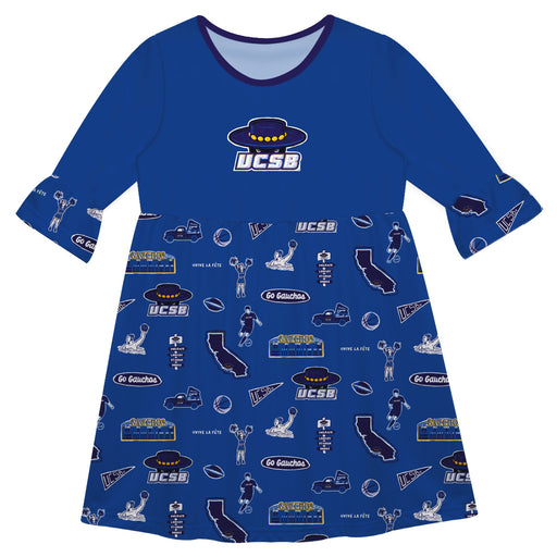 UC Santa Barbara Gauchos UCSB 3/4 Sleeve Solid Blue Repeat Print Hand Sketched Vive La Fete Impressions Artwork on Skirt