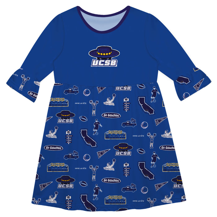 UC Santa Barbara Gauchos UCSB 3/4 Sleeve Solid Blue Repeat Print Hand Sketched Vive La Fete Impressions Artwork on Skirt