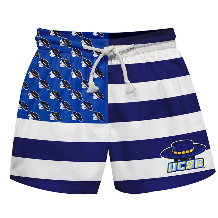 UC Santa Barbara Gauchos UCSB Vive La Fete Game Day Purple White Blue Flag Swimtrunks V1