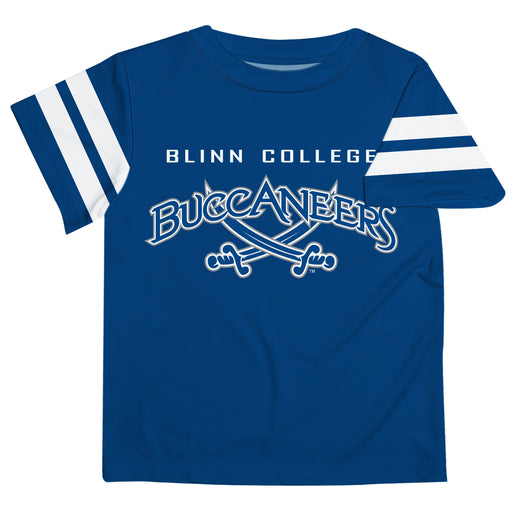 Blinn College Bucaneers Vive La Fete Boys Game Day Blue Short Sleeve Tee with Stripes on Sleeves