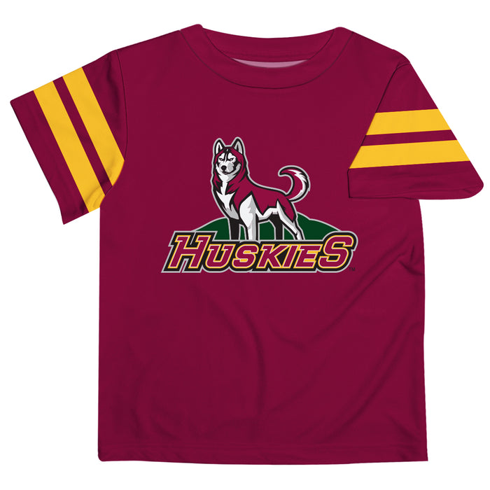 Bloomsburg University Huskies Vive La Fete Boys Game Day Maroon Short Sleeve Tee with Stripes on Sleeves