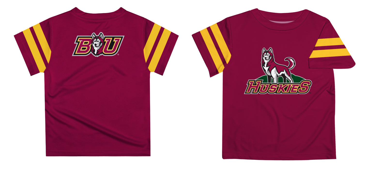 Bloomsburg University Huskies Vive La Fete Boys Game Day Maroon Short Sleeve Tee with Stripes on Sleeves - Vive La Fête - Online Apparel Store