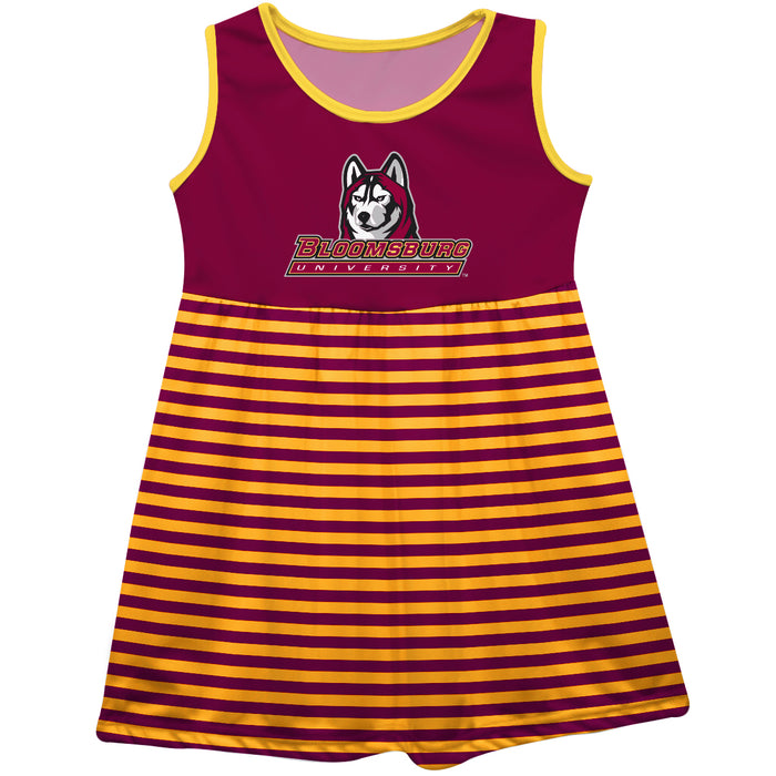 Bloomsburg University Huskies Maroon and Gold Sleeveless Tank Dress with Stripes on Skirt by Vive La Fete