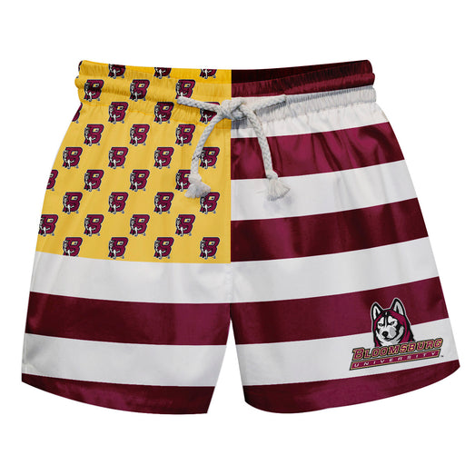 Bloomsburg University Huskies Vive La Fete Game Day Maroon White Yellow Flag Swimtrunks V1