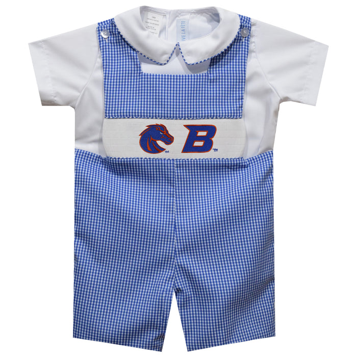 Boise State University Broncos Smocked Royal Gingham Jon Jon And Short Sleeve White Shirt