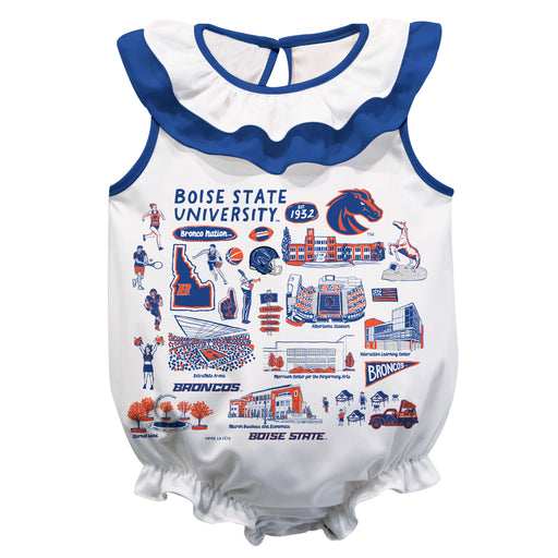 Boise State University Broncos  White Hand Sketched Vive La Fete Impressions Artwork Sleeveless Ruffle Onesie Bodysuit