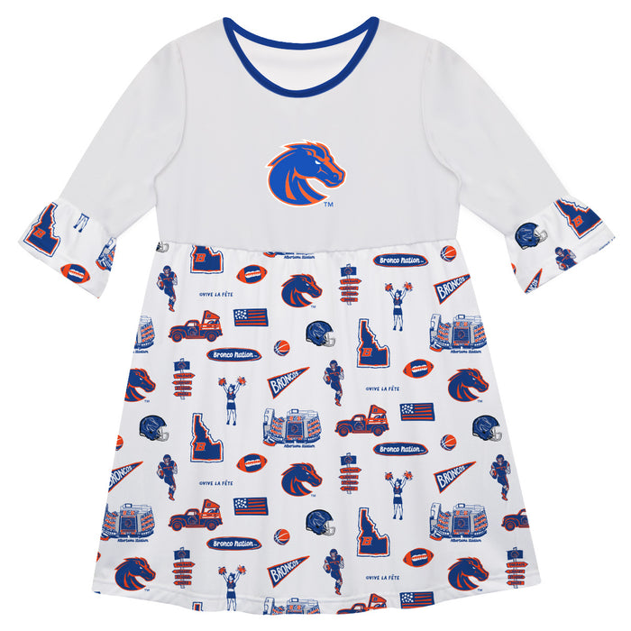 Boise State Broncos 3/4 Sleeve Solid White Repeat Print Hand Sketched Vive La Fete Impressions Artwork on Skirt