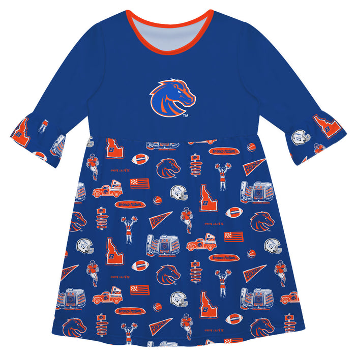 Boise State University Broncos 3/4Sleeve Solid Blue Repeat Print Hand Sketched Vive La Fete Impressions Artwork on Skirt