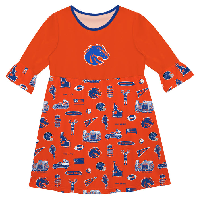 Boise State Broncos 3/4 Sleeve Solid Orange Repeat Print Hand Sketched Vive La Fete Impressions Artwork on Skirt