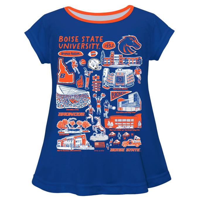 Boise State University Broncos Hand Sketched Vive La Fete Impressions Artwork Blue Short Sleeve Top