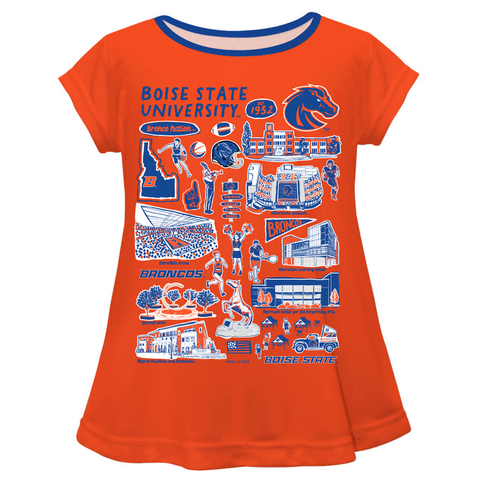 Boise State University Broncos Hand Sketched Vive La Fete Impressions Artwork Orange Short Sleeve Top
