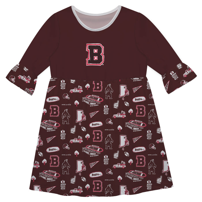 Brown University Bears 3/4 Sleeve Solid Brown Repeat Print Hand Sketched Vive La Fete Impressions Artwork on Skirt