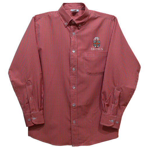 Brown University Bears Embroidered Red Cardinal Gingham Long Sleeve Button Down