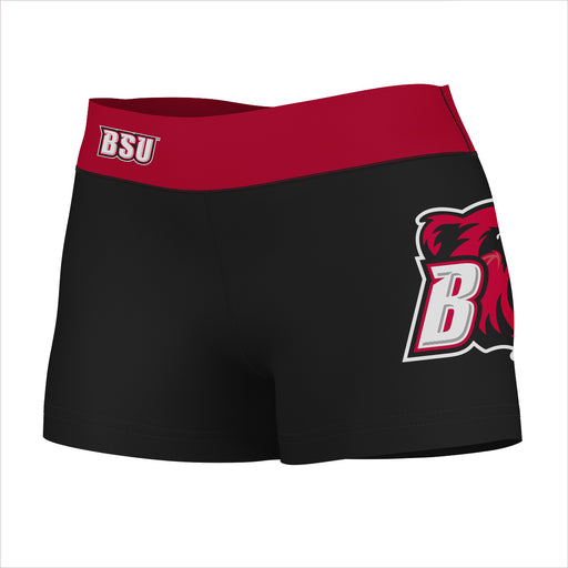 Bridgewater State Bears Vive La Fete Logo on Thigh & Waistband Black & Red Women Yoga Booty Workout Shorts 3.75 Inseam