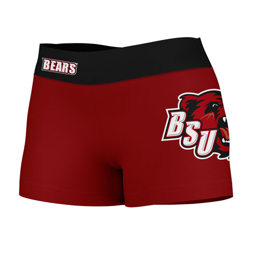 Bridgewater State Bears Vive La Fete Logo on Thigh & Waistband Red Black Women Yoga Booty Workout Shorts 3.75 Inseam