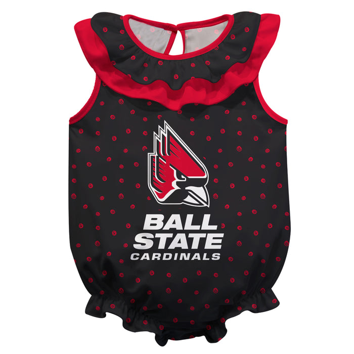 Ball State Cardinals Swirls Black Sleeveless Ruffle Onesie Logo Bodysuit