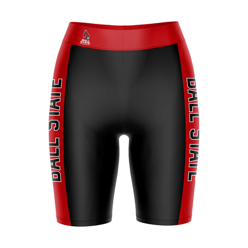 Ball State Cardinals Vive La Fete Game Day Logo on Waistband and Red Stripes Black Women Bike Short 9 Inseam