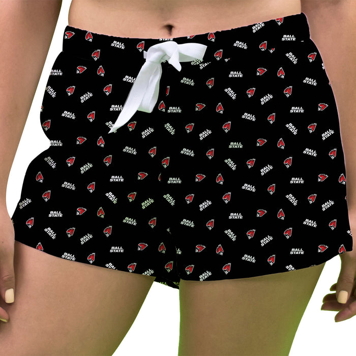Ball State Cardinals Vive La Fete Game Day All Over Logo Women Black Lounge Shorts