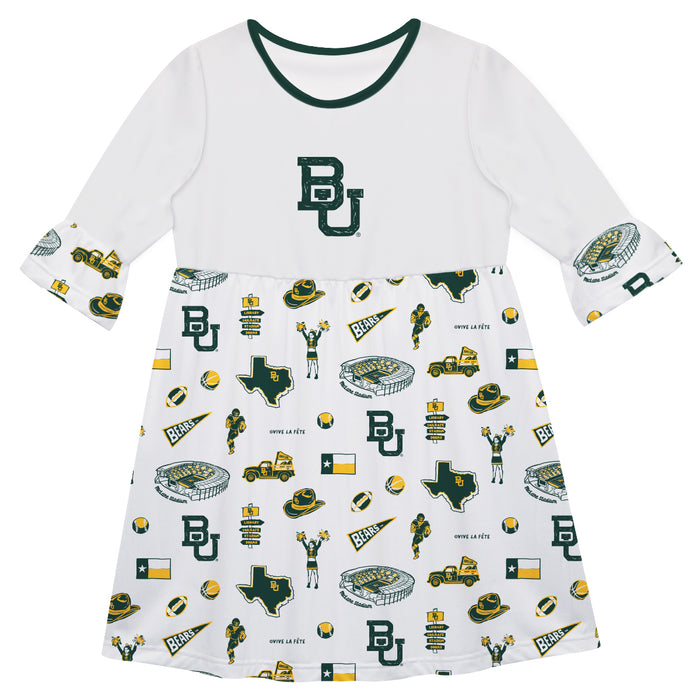 Baylor Bears 3/4 Sleeve Solid White Repeat Print Hand Sketched Vive La Fete Impressions Artwork on Skirt