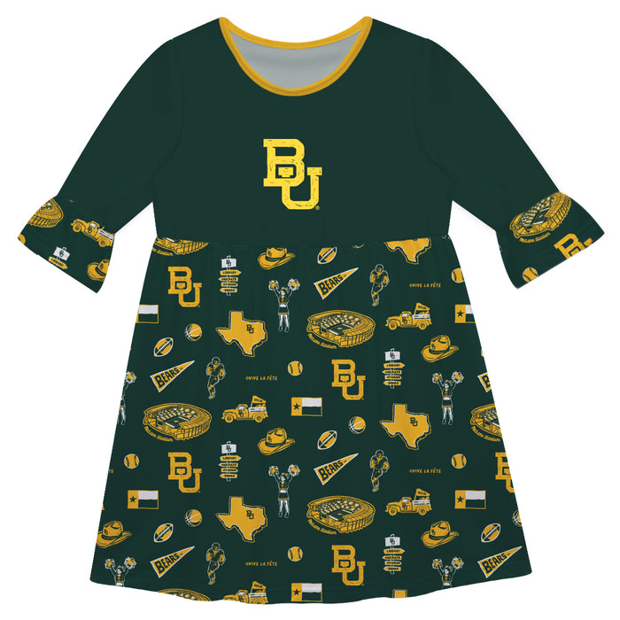 Baylor Bears 3/4 Sleeve Solid Green Repeat Print Hand Sketched Vive La Fete Impressions Artwork on Skirt