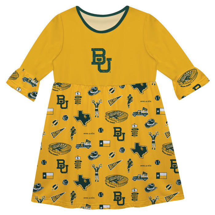 Baylor Bears 3/4 Sleeve Solid Gold Repeat Print Hand Sketched Vive La Fete Impressions Artwork on Skirt