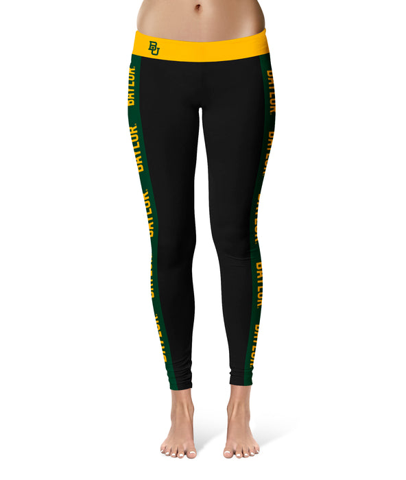 Baylor Bears Vive La Fete Game Day Collegiate Green Stripes Women Black Yoga Leggings 2 Waist Tights