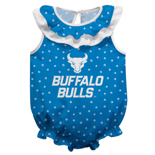 Buffalo Bulls Vive La Fete Girls Game Day All Over Print Blue and White Sleeveless Ruffle Onesie Mascot Bodysuit