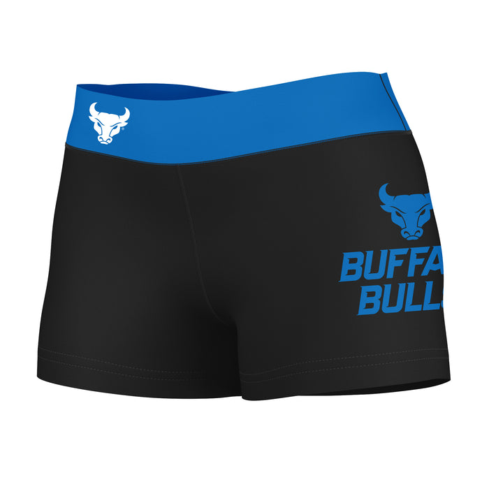 Buffalo Bulls Vive La Fete Logo on Thigh & Waistband Black & Blue Women Yoga Booty Workout Shorts 3.75 Inseam"