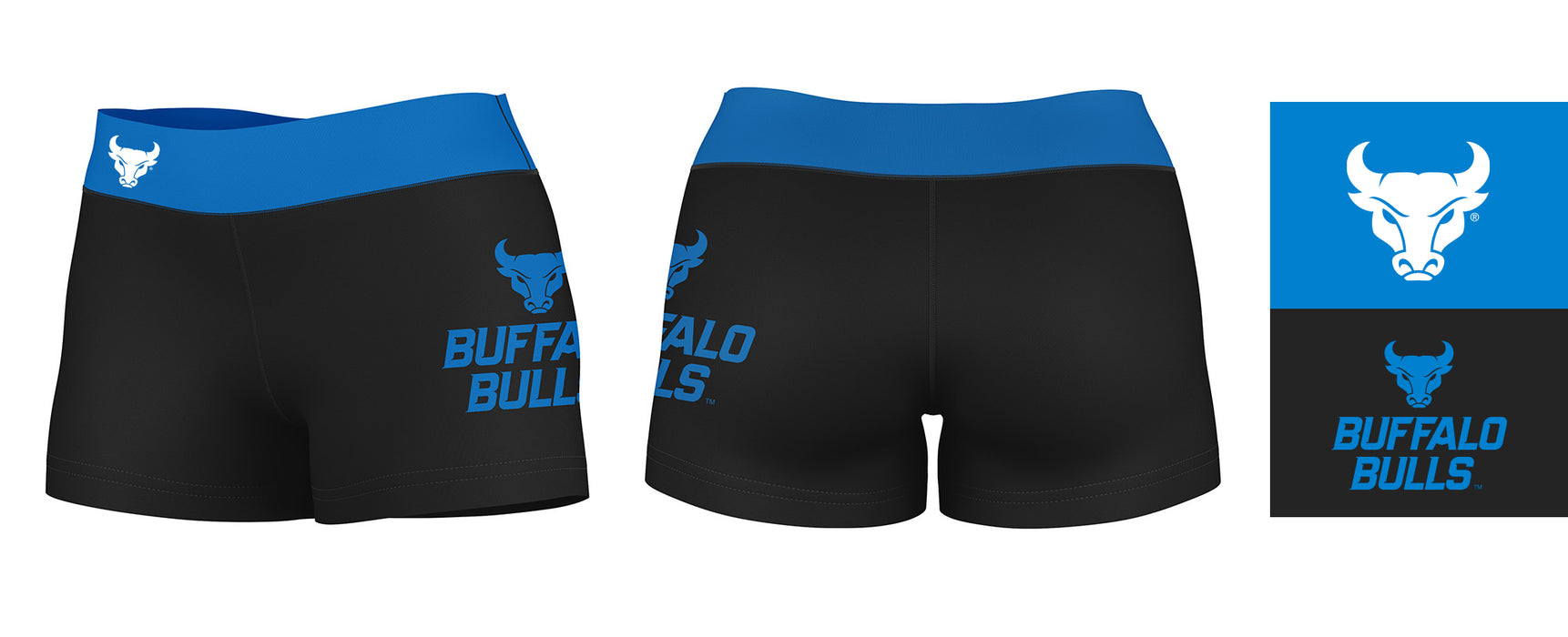 Buffalo Bulls Vive La Fete Logo on Thigh & Waistband Black & Blue Women Yoga Booty Workout Shorts 3.75 Inseam" - Vive La Fête - Online Apparel Store