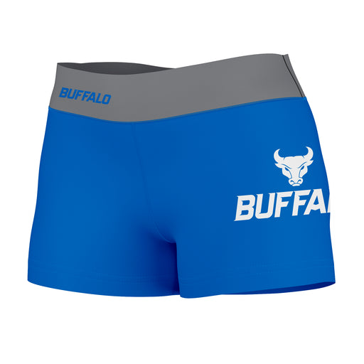 Buffalo Bulls Vive La Fete Logo on Thigh & Waistband Blue Gray Women Yoga Booty Workout Shorts 3.75 Inseam