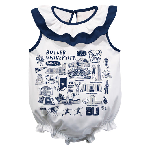 Butler Bulldogs  White Hand Sketched Vive La Fete Impressions Artwork Sleeveless Ruffle Onesie Bodysuit
