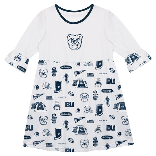 Butler Bulldogs 3/4 Sleeve Solid White Repeat Print Hand Sketched Vive La Fete Impressions Artwork on Skirt