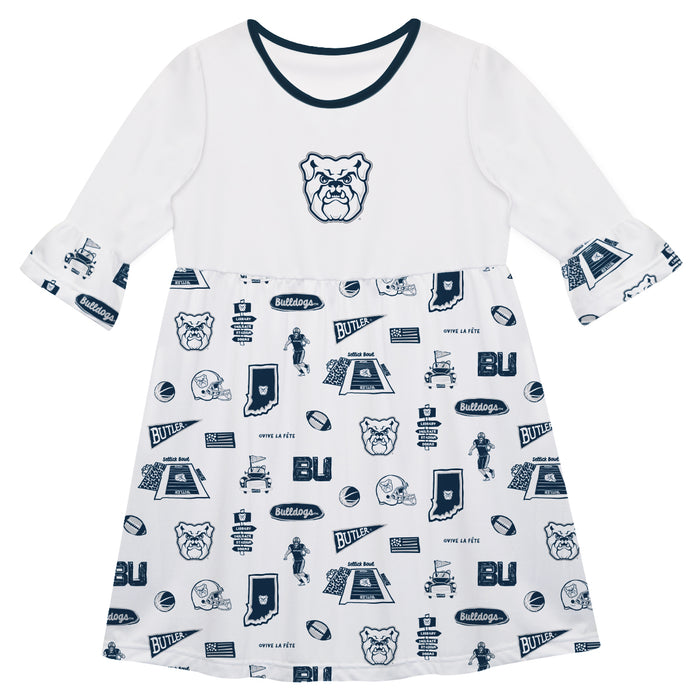 Butler Bulldogs 3/4 Sleeve Solid White Repeat Print Hand Sketched Vive La Fete Impressions Artwork on Skirt