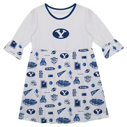 BYU Cougars 3/4 Sleeve Solid White Repeat Print Hand Sketched Vive La Fete Impressions Artwork on Skirt