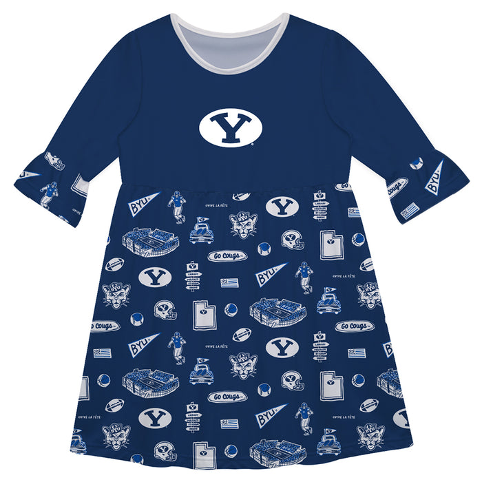 BYU Cougars 3/4 Sleeve Solid Blue Repeat Print Hand Sketched Vive La Fete Impressions Artwork on Skirt