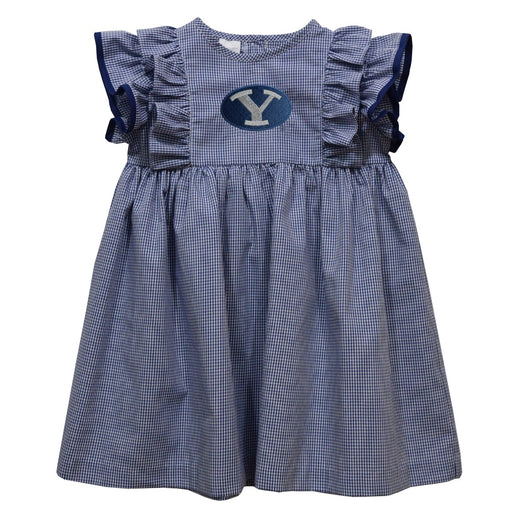 Brigham Young Cougars BYU Embroidered Navy Gingham Ruffle Dress