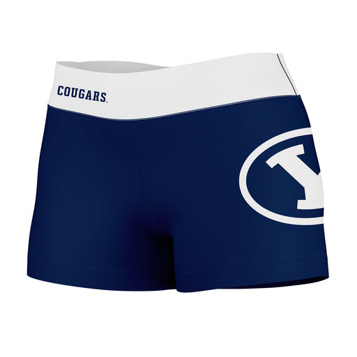 Brigham Young Cougars Vive La Fete Logo on Thigh & Waistband Blue White Women Yoga Booty Workout Shorts 3.75 Inseam