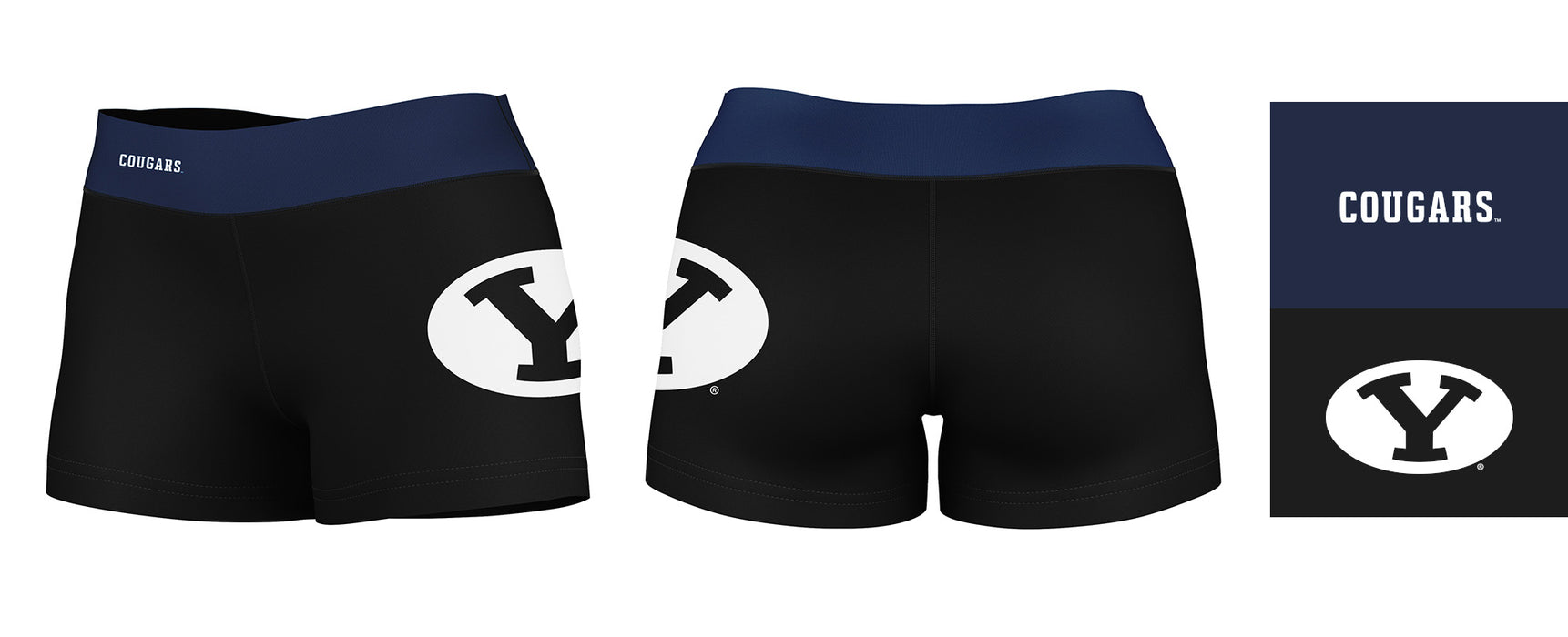 BYU Cougars Vive La Fete Logo on Thigh & Waistband Black & Blue Women Yoga Booty Workout Shorts 3.75 Inseam - Vive La Fête - Online Apparel Store