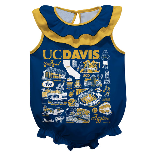 UC Davis Aggies  Blue Hand Sketched Vive La Fete Impressions Artwork Sleeveless Ruffle Onesie Bodysuit