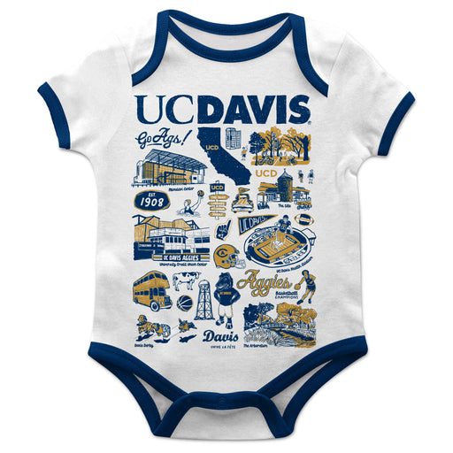 UC Davis Aggies Hand Sketched Vive La Fete Impressions Artwork Infant White Short Sleeve Onesie Bodysuit