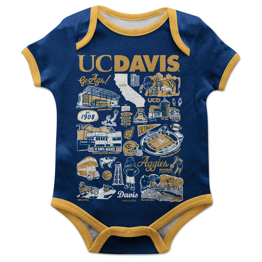 UC Davis Aggies Hand Sketched Vive La Fete Impressions Artwork Infant Blue Short Sleeve Onesie Bodysuit