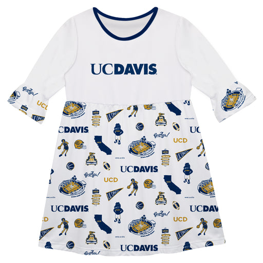 UC Davis Aggies 3/4 Sleeve Solid White Repeat Print Hand Sketched Vive La Fete Impressions Artwork on Skirt