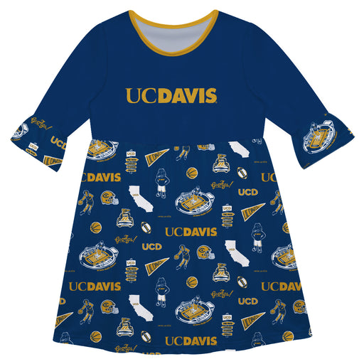 UC Davis Aggies 3/4 Sleeve Solid Blue Repeat Print Hand Sketched Vive La Fete Impressions Artwork on Skirt