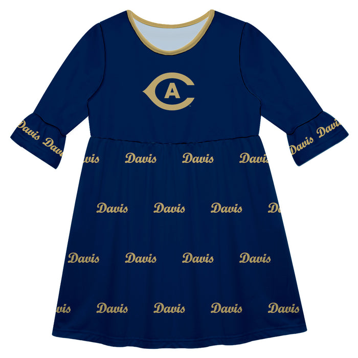 UC Davis Aggies Vive La Fete Girls Game Day 3/4 Sleeve Solid Blue All Over Logo on Skirt