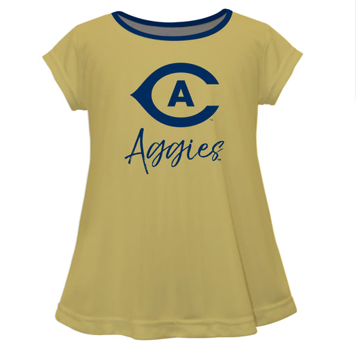 UC Davis Aggies Vive La Fete Girls Game Day Short Sleeve Gold Top with School Logo and Name
