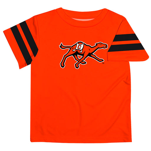 Campbell Camels Vive La Fete Boys Game Day Orange Short Sleeve Tee with Stripes on Sleeves